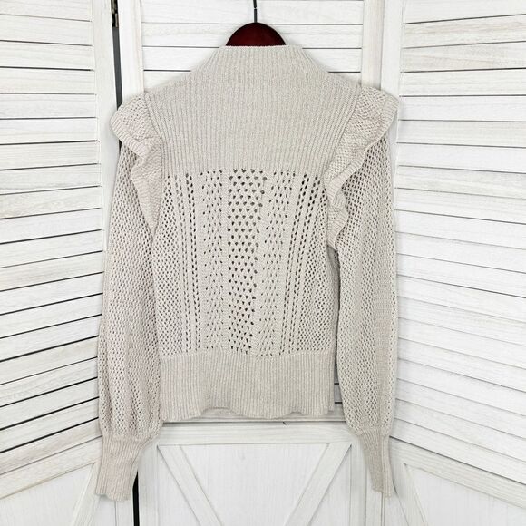 Happy Nature Ruffle Shoulder Mock Neck Open Weave Sweater Tan Beige Medium - Picture 9 of 13